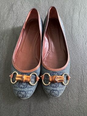 Gucci Blue Monogram Flats with Brown Trim & Bamboo Horsebit